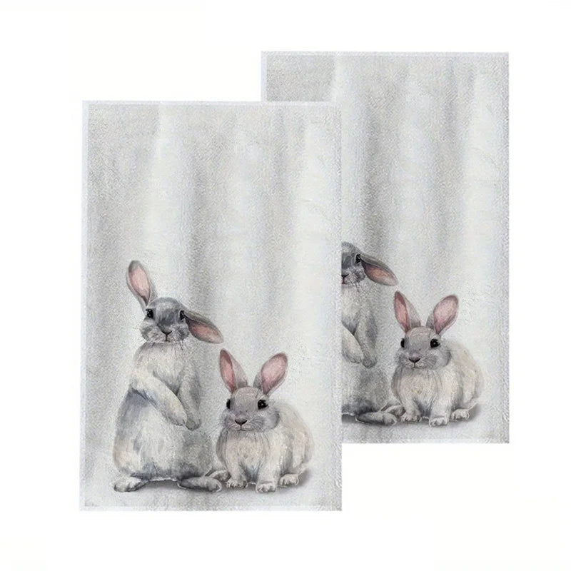 2Pcs, Hand-Painted Gray Rabbit Kitchen Towels Set