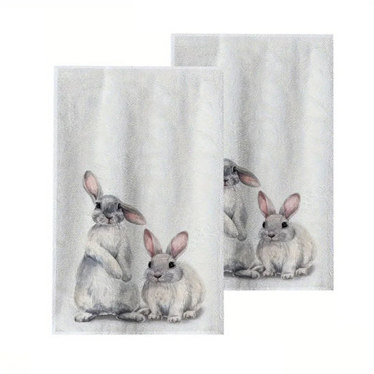 2Pcs, Hand-Painted Gray Rabbit Kitchen Towels Set