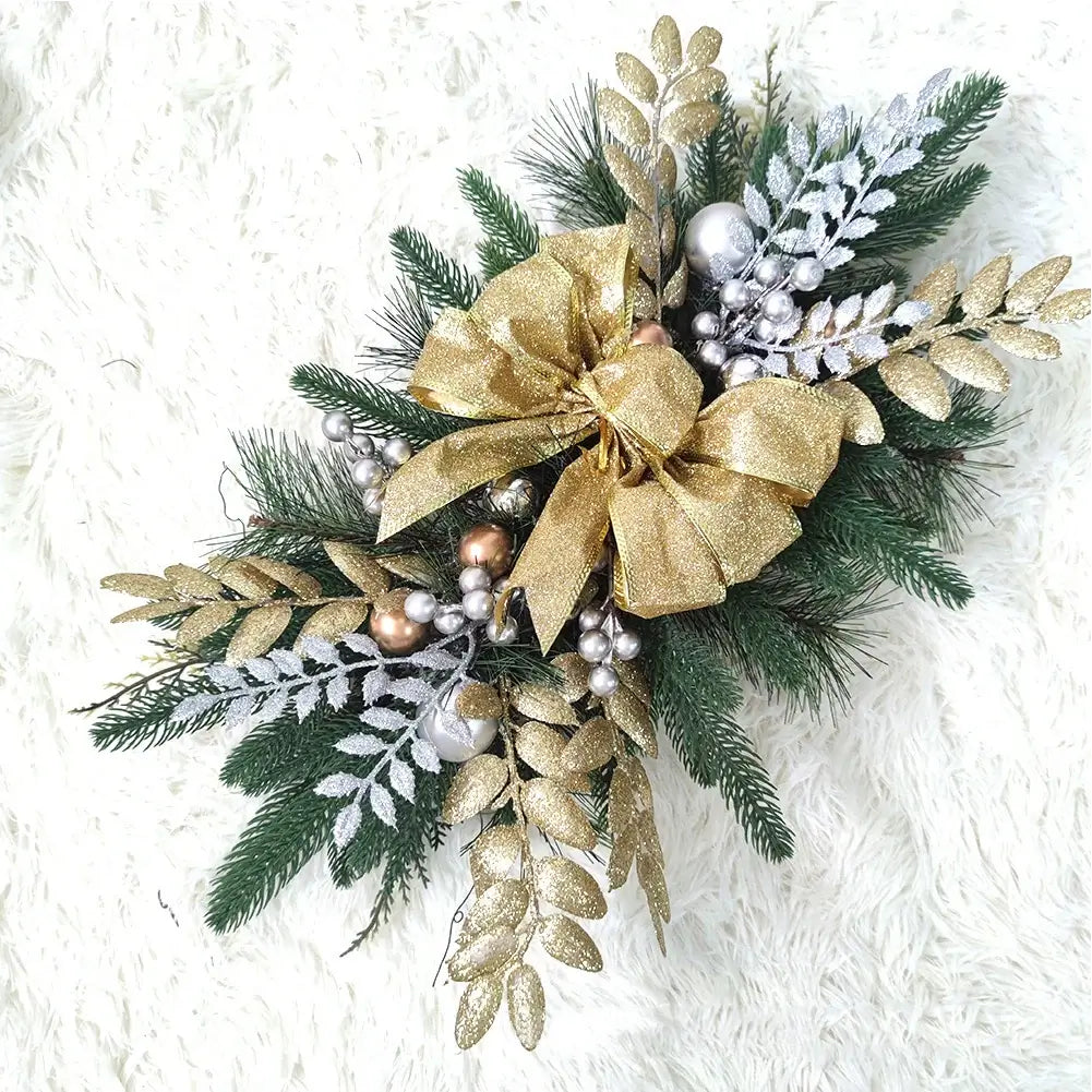 Gold and silver accented Christmas Wreath Hanging Pendant with pine branches, ideal for holiday wall or door decor.