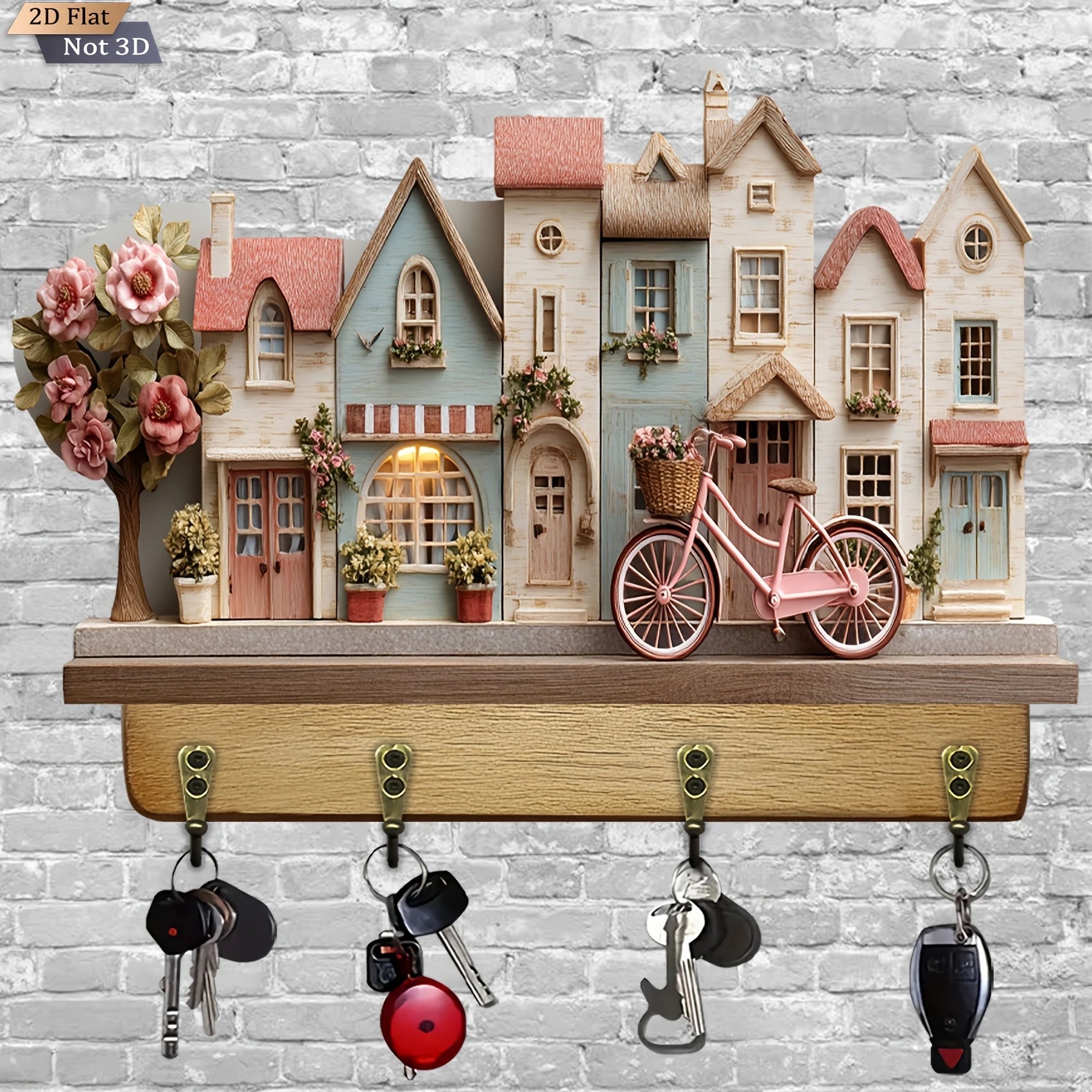 2D,12in Retro Country Dreamy Fairy Tale Cottage Wooden Key Holder