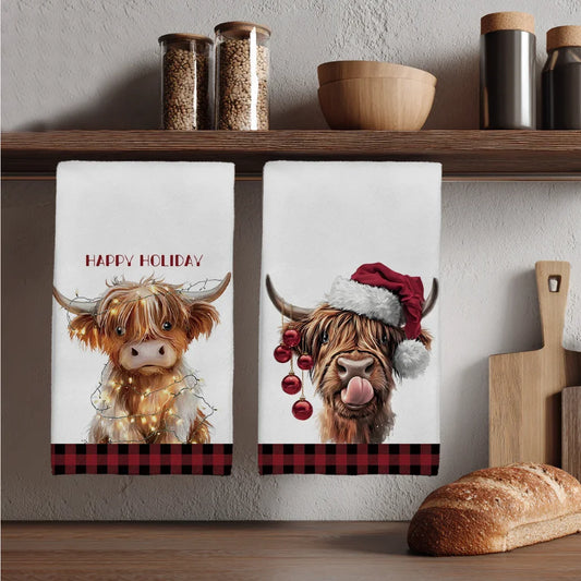 2pcs Kitchen Dishcloth Santa Hat Highland Cow Red Plaid