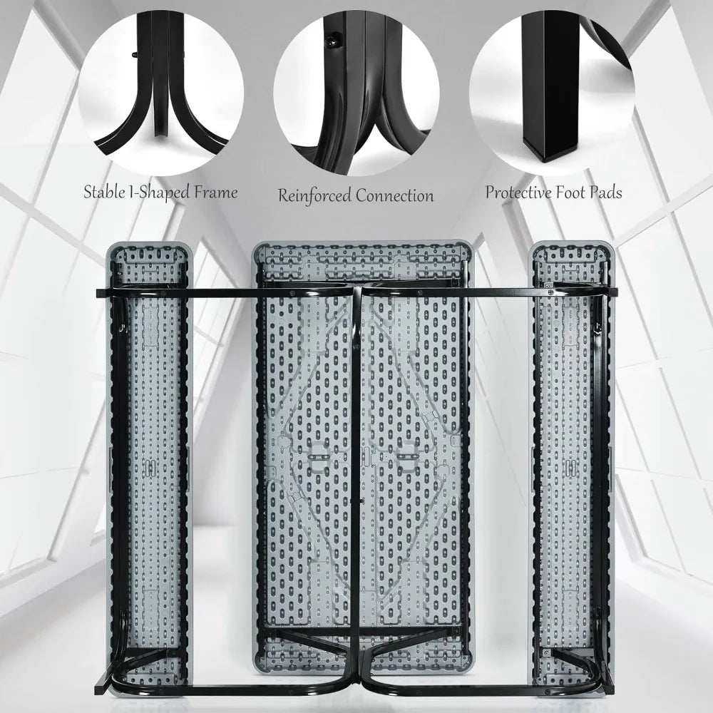 Folded All Weather Picnic Table Set showing underside with reinforced connections, I-shaped frame, and protective foot pads.