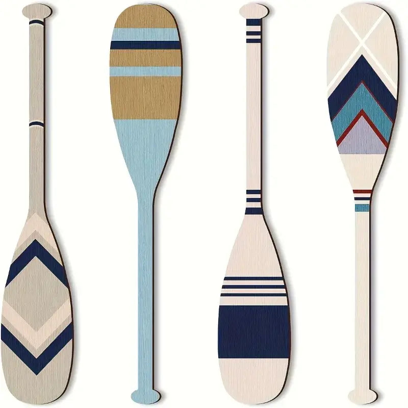 Illustration of four wooden nautical paddles decor in blue, beige, and brown tones, perfect for coastal home or garden wall accents.
