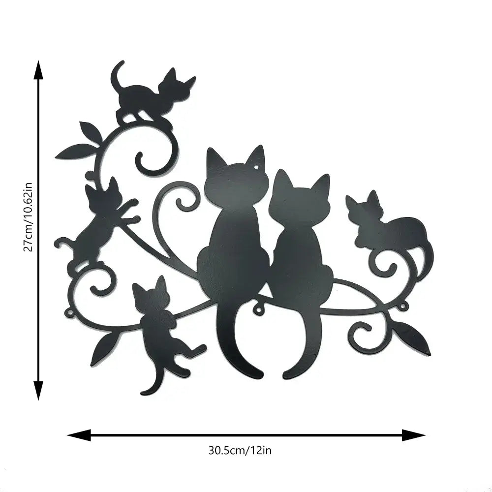 Metal Black Cat Silhouette wall art with dimensions 30.5cm x 27cm, showcasing playful cat design for modern or gothic home decor.