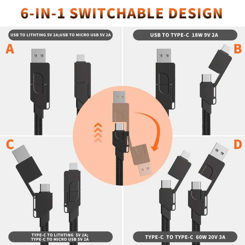 6 In 1 Multi Fast Charging Cable Keychain