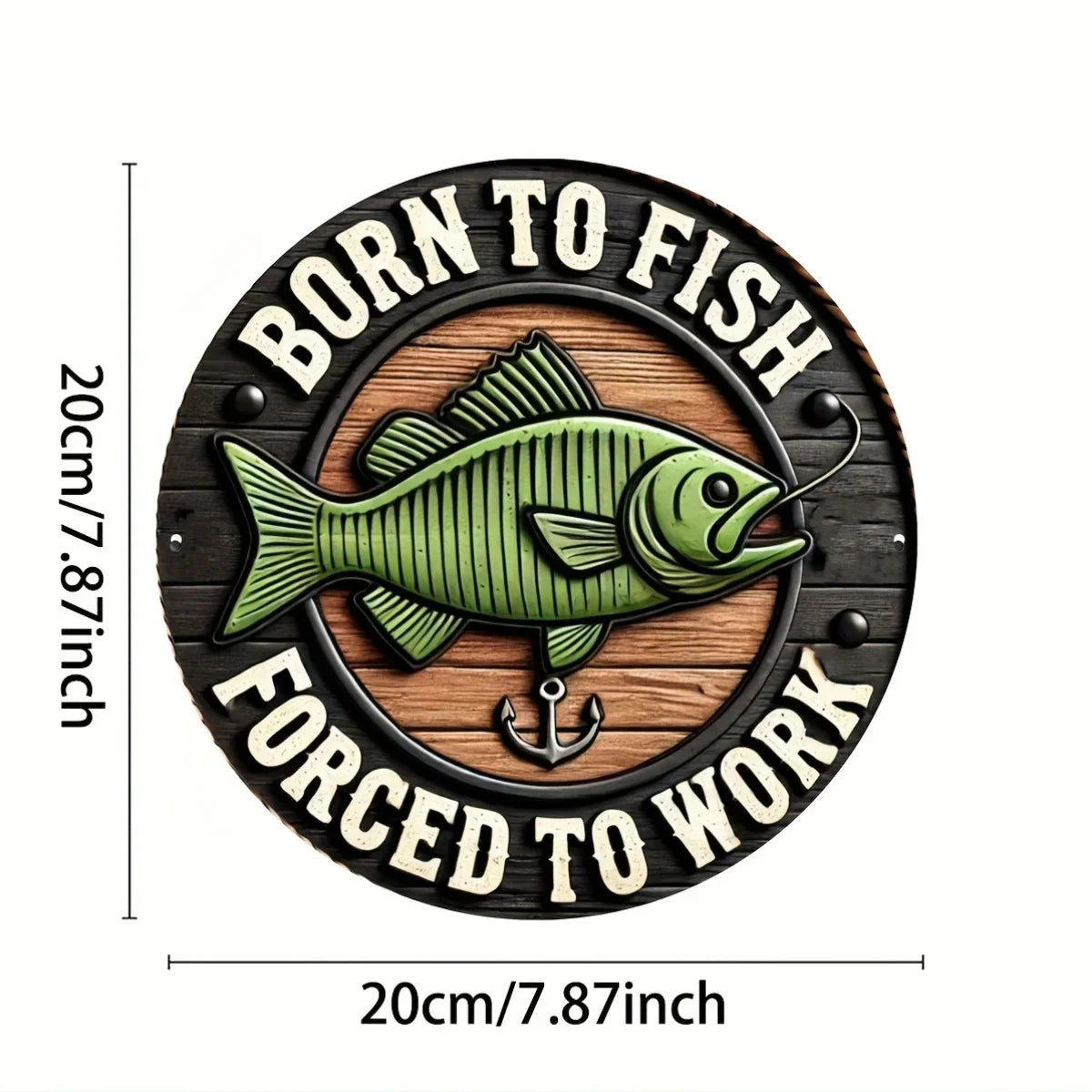 Round Fishing Enthusiast metal sign measuring 20cm, featuring a green fish and humorous slogan, ideal for novelty home decor.