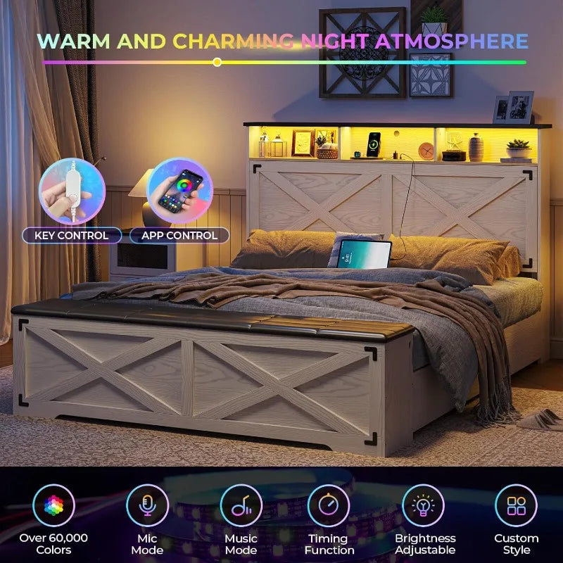 Farmhouse Queen Bed Frame with Storage in cozy night setting, featuring customizable LED lights, music sync, and app control for modern rustic charm.