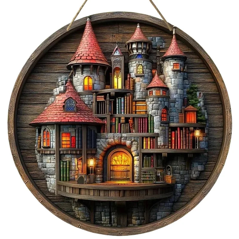 Charming red-roofed castle bookshelf design on a circular wooden sign, ideal for whimsical Christmas wall decoration.