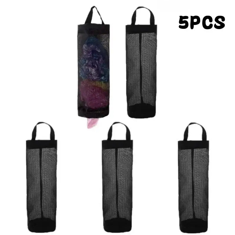 5PCS black mesh kitchen plastic bag holders for efficient storage. Breathable and reusable design keeps bags organized and accessible.