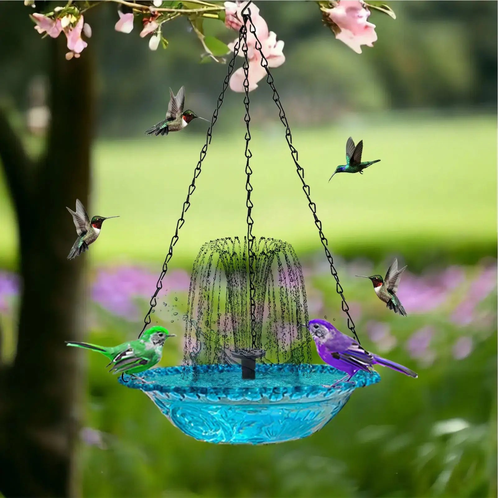 Hanging Solar Bird Bath - Stunning Gift | Durable Design shown in a garden setting with birds enjoying the solar-powered water fountain.