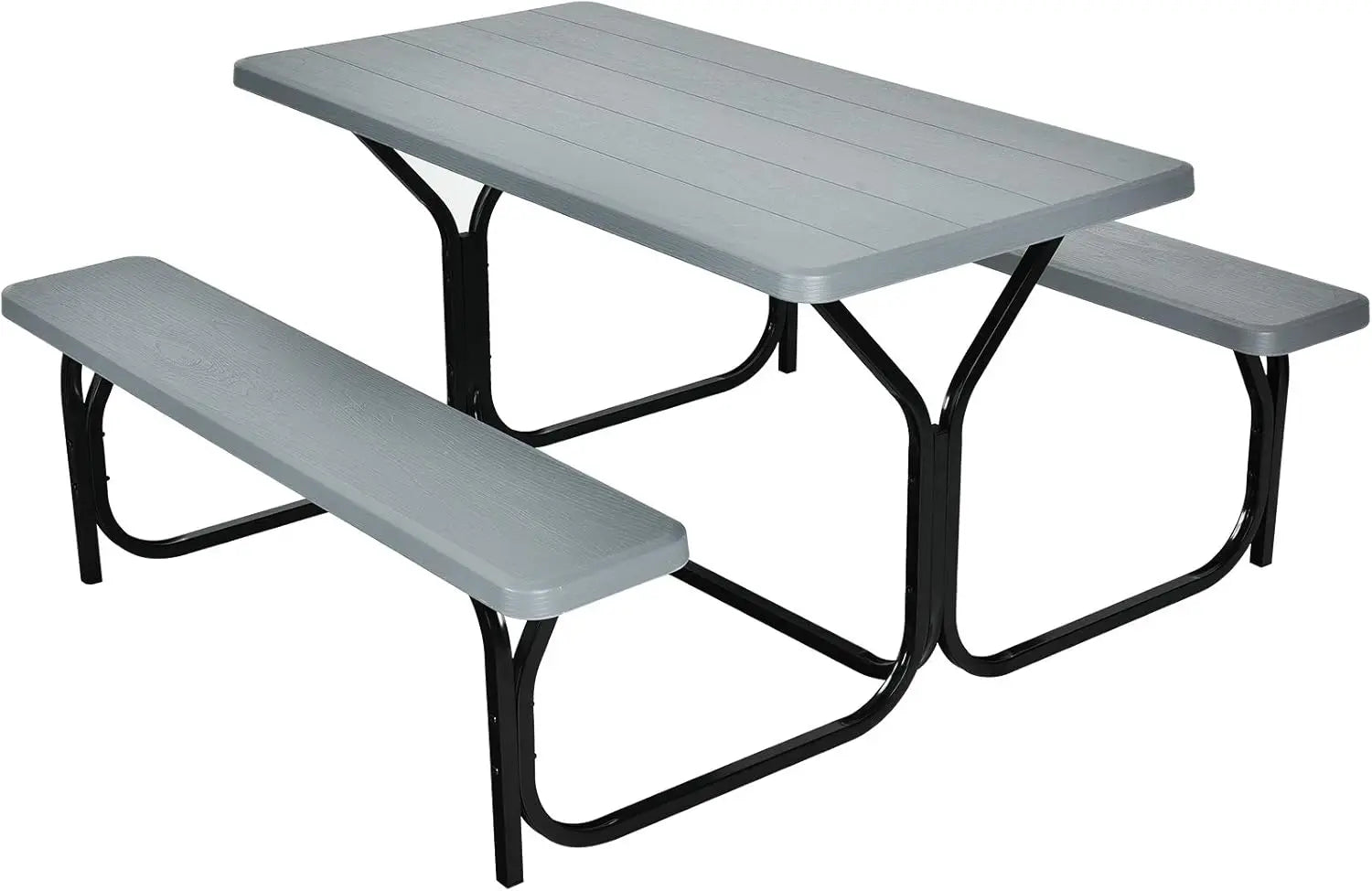 Gray All Weather Picnic Table Set with wood-like texture and metal base, designed for weather resistance and easy maintenance.