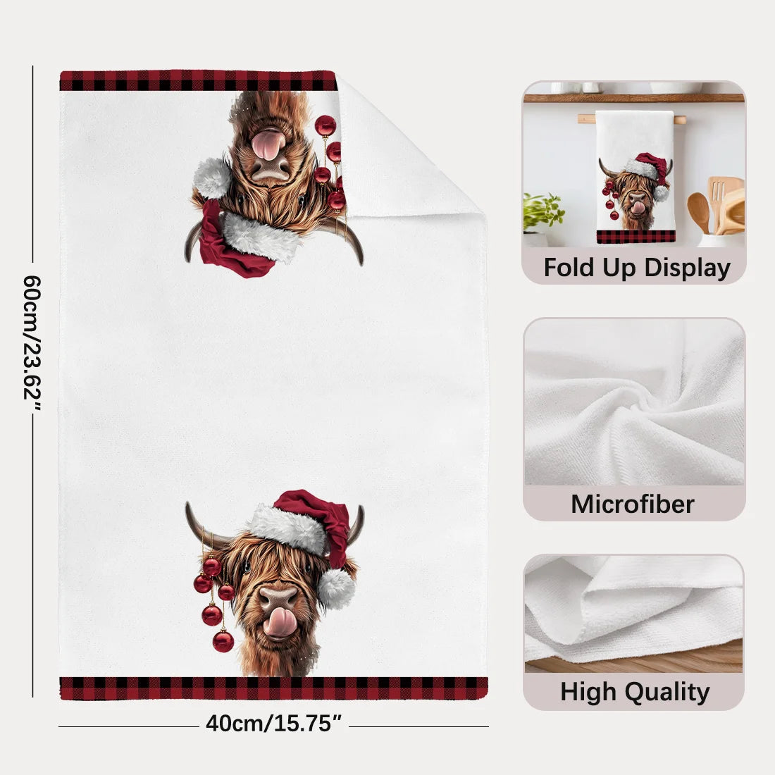2pcs Kitchen Dishcloth Santa Hat Highland Cow Red Plaid