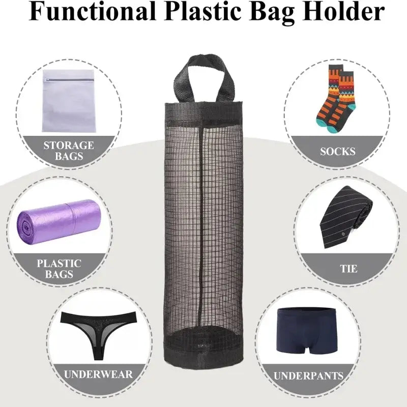 Versatile kitchen plastic bag holder used for storing socks, ties, underwear, and plastic bags. Multi-functional mesh organizer for home use.