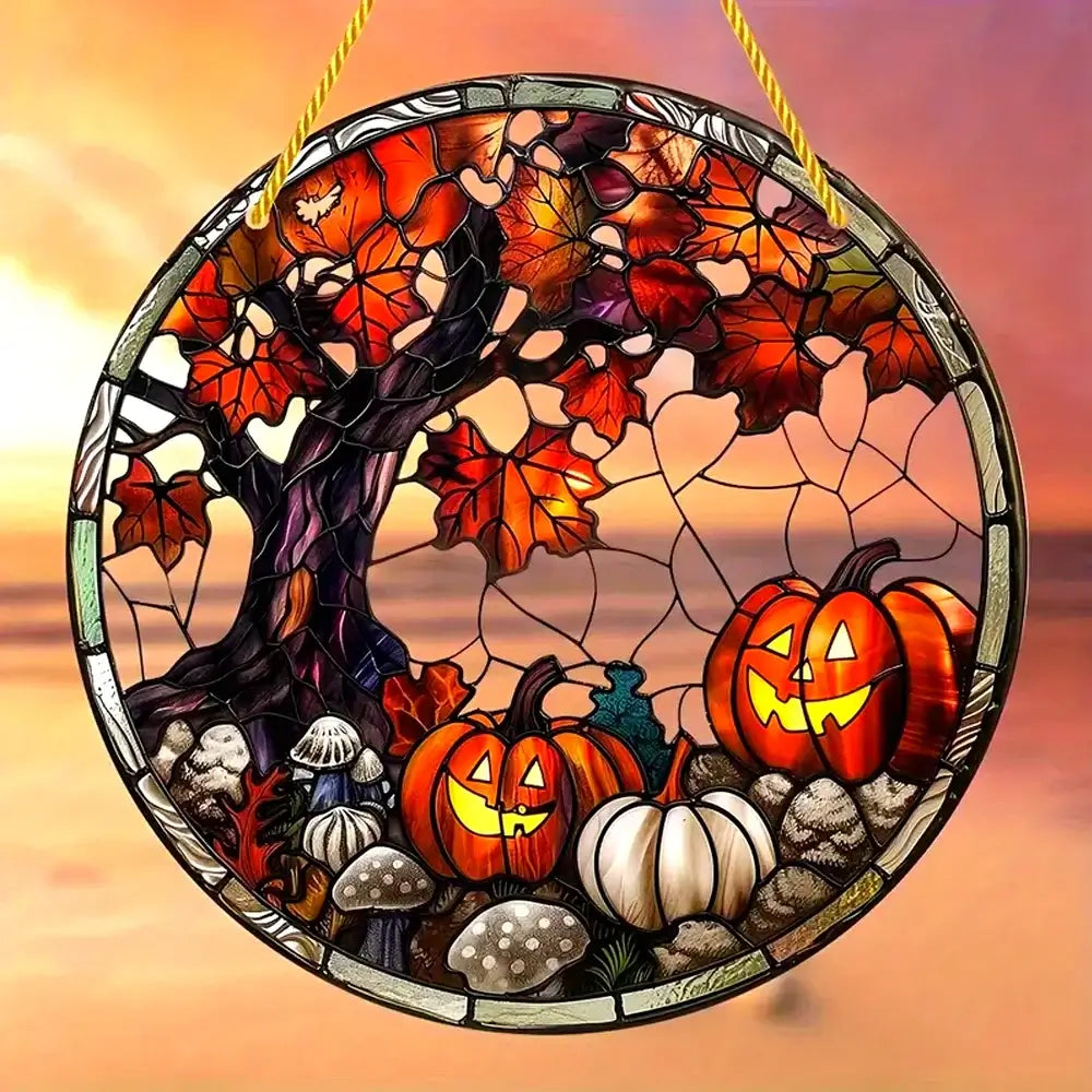 Pumpkin and autumn tree stained glass-style Halloween window decoration, perfect for seasonal home and garden decor.