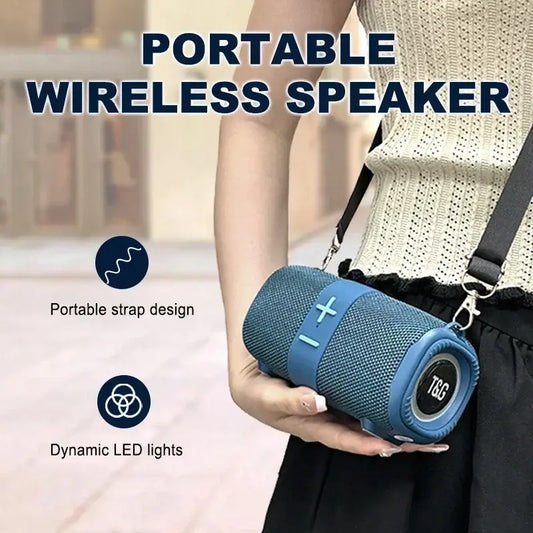 Crossbody Bluetooth Speaker with portable strap design and LED lights, ideal for outdoor use. Features 50W sound and wireless connectivity.