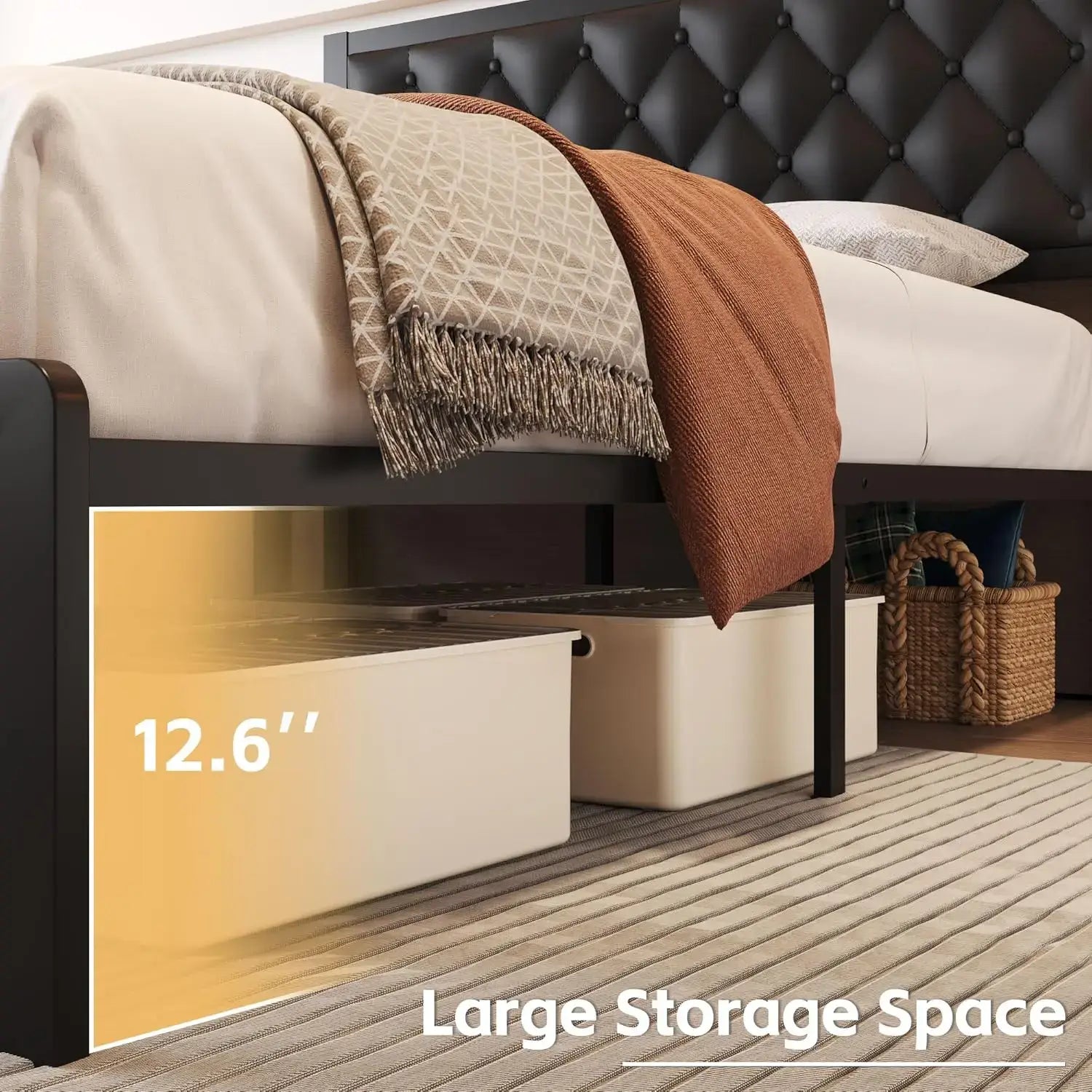 Queen Bed Frame with 12.6-inch under-bed clearance, offering large storage space for bins and baskets beneath the platform.