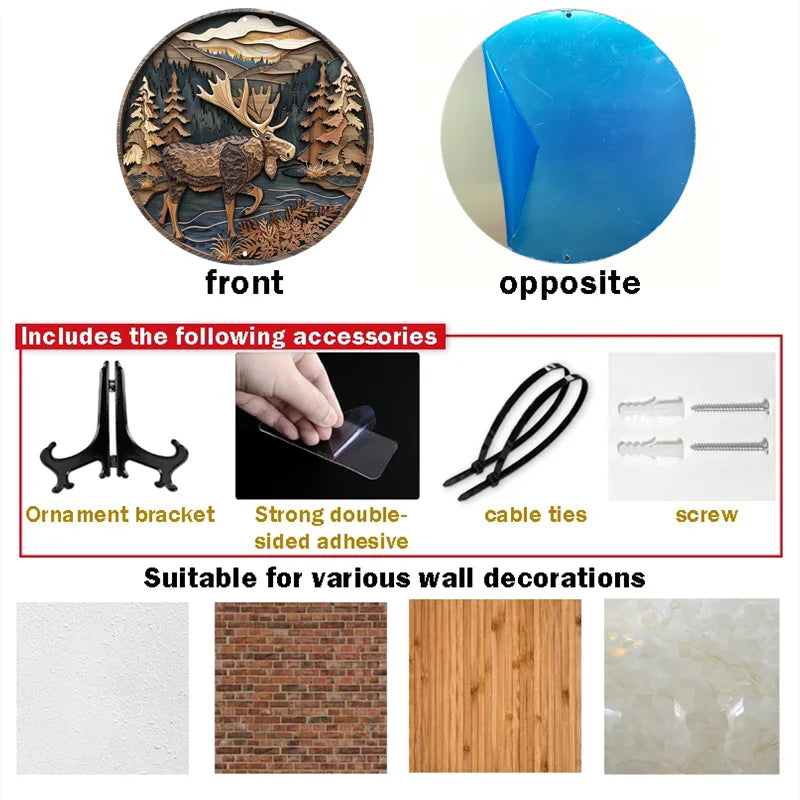 Moose Wall Art - Silhouette Metal Sign for Decor with included accessories like stand, adhesive, and screws, suitable for various wall surfaces.