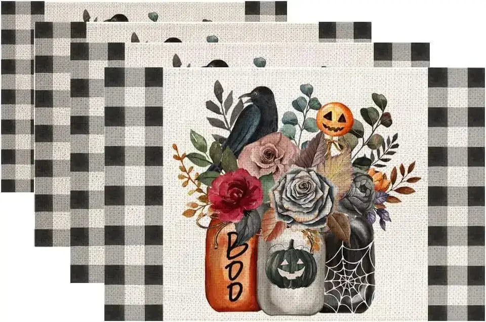 Halloween Table Placemats - Linen 4PCS with mason jars, pumpkins, and roses on checkered background. Cozy fall table accent.