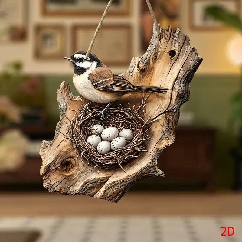 Vintage Wooden Bird Signage - Decor 8in with a brown bird and nest of eggs on carved wood. Ideal for cozy home or garden wall accents.