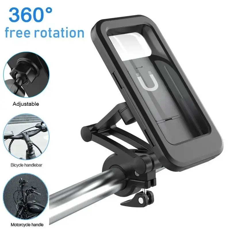 360° rotating waterproof bicycle phone holder with adjustable mount for handlebars, compatible with bikes and motorcycles.
