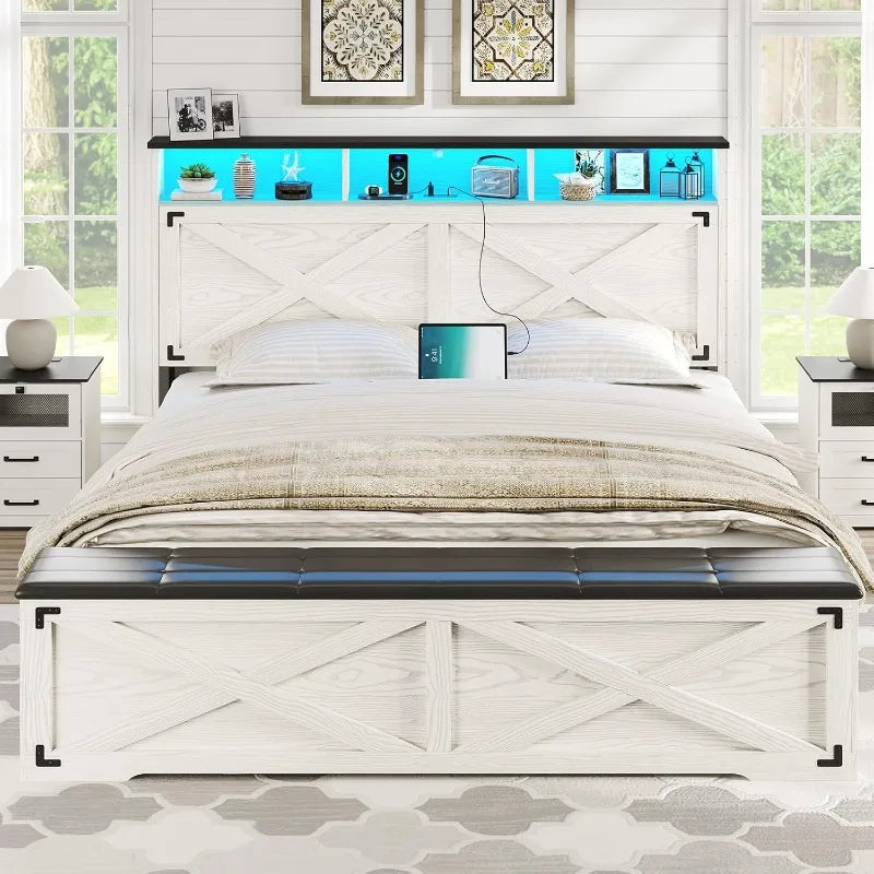 Front view of Farmhouse Queen Bed Frame with Storage showcasing rustic headboard with LED lighting, charging ports, and decorative shelving.