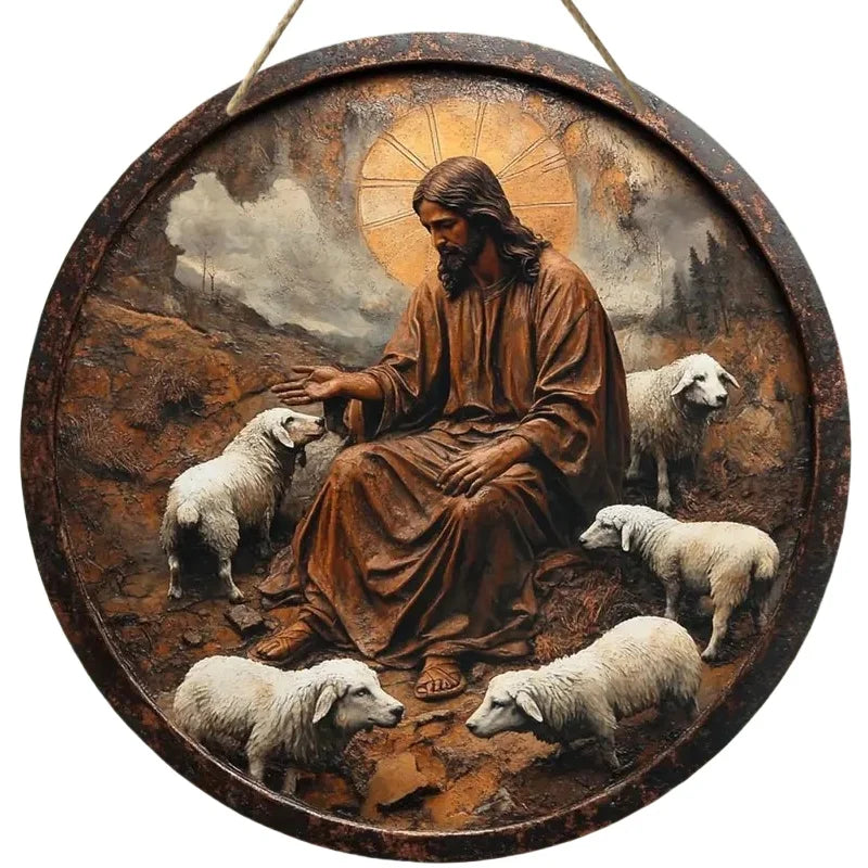 2D Retro Circular Wooden Sign with Jesus and Sheep Theme