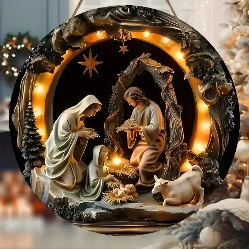 Duplicate Virgin Mary Nativity Metal Sign with 2D layered design and LED lights. Adds charm to seasonal home décor.