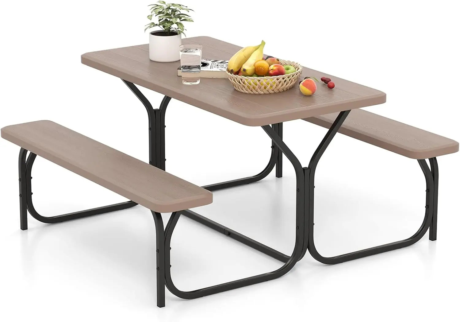 Brown All Weather Picnic Table Set featuring eco-friendly wood-like surface and black metal frame for patios or gardens.