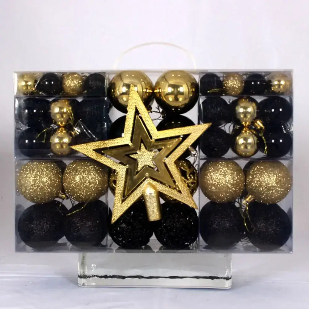 Black and gold 100PCS Plastic Christmas Ball Set with matching star topper, ideal for luxurious Christmas tree decoration.