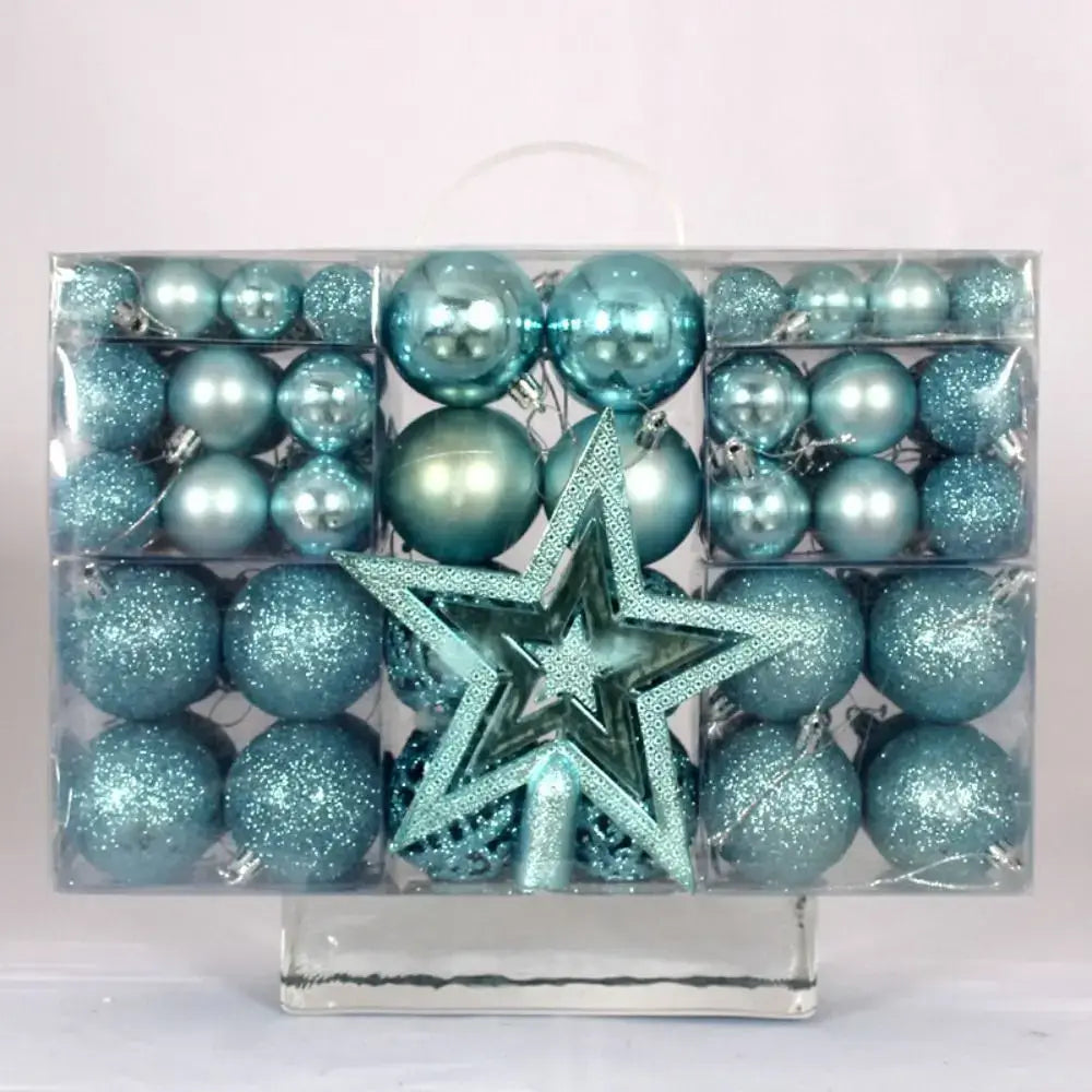 Blue 100PCS Plastic Christmas Ball Set with matching star topper, includes glitter and shiny finishes for festive tree decor.