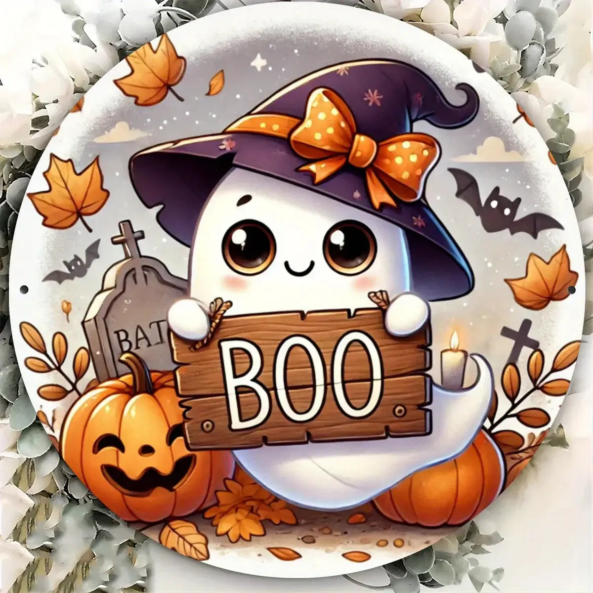 Halloween Ghost "BOO" Round Metal Sign