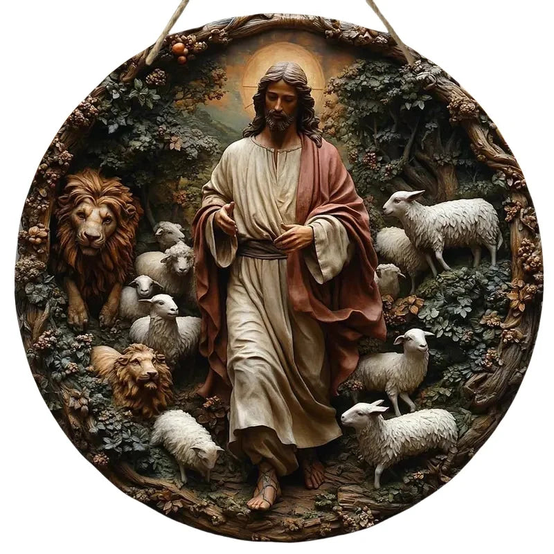 2D Retro Jesus Sign - Wooden Welcome with Jesus guiding sheep through rocky terrain, perfect for Christmas and winter themes.