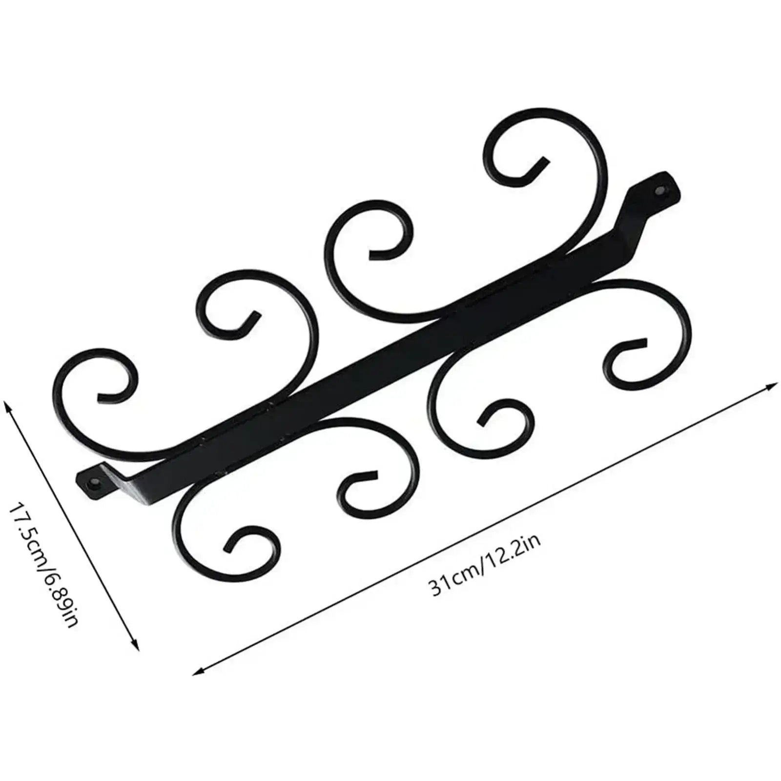 Black iron wine glass holder with scroll design, 31cm wide and 17.5cm deep, ideal for under cabinet installation in kitchen or bar.