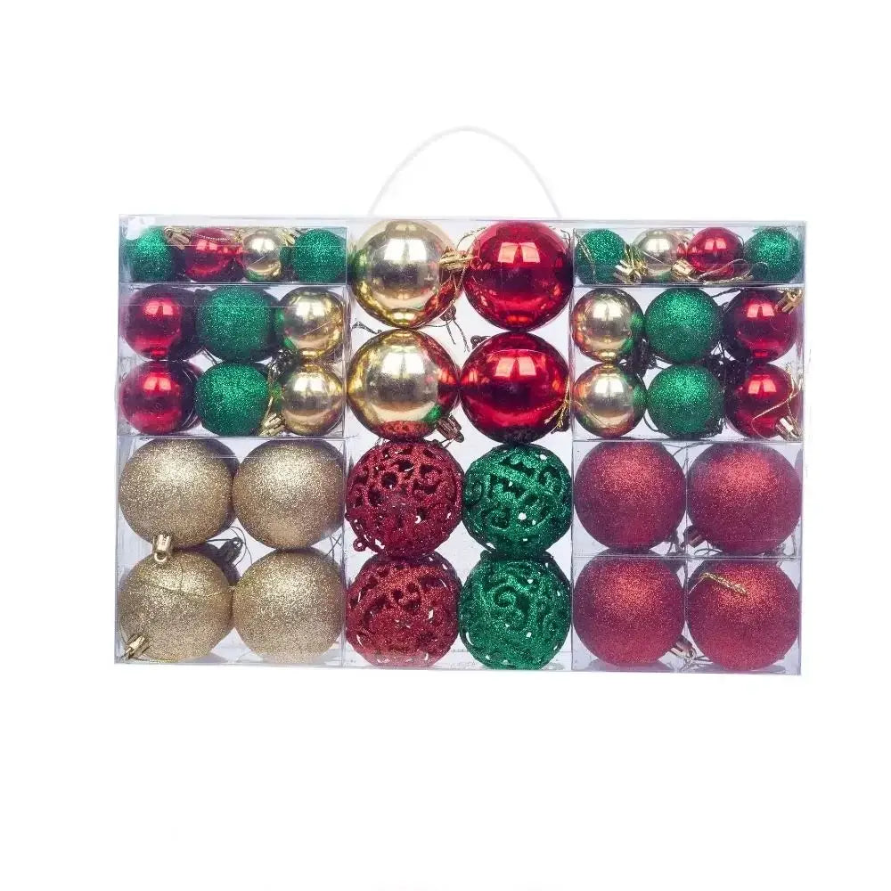 Red, green, and gold 100PCS Plastic Christmas Ball Set with assorted finishes, perfect for traditional holiday tree decor.