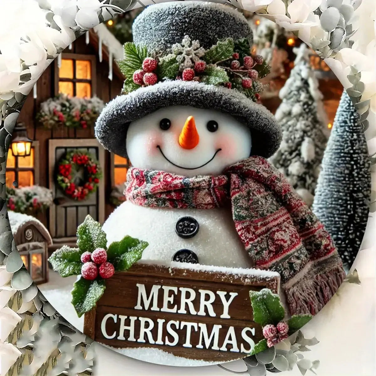 Festive 7.8" Round Metal Sign Snowman