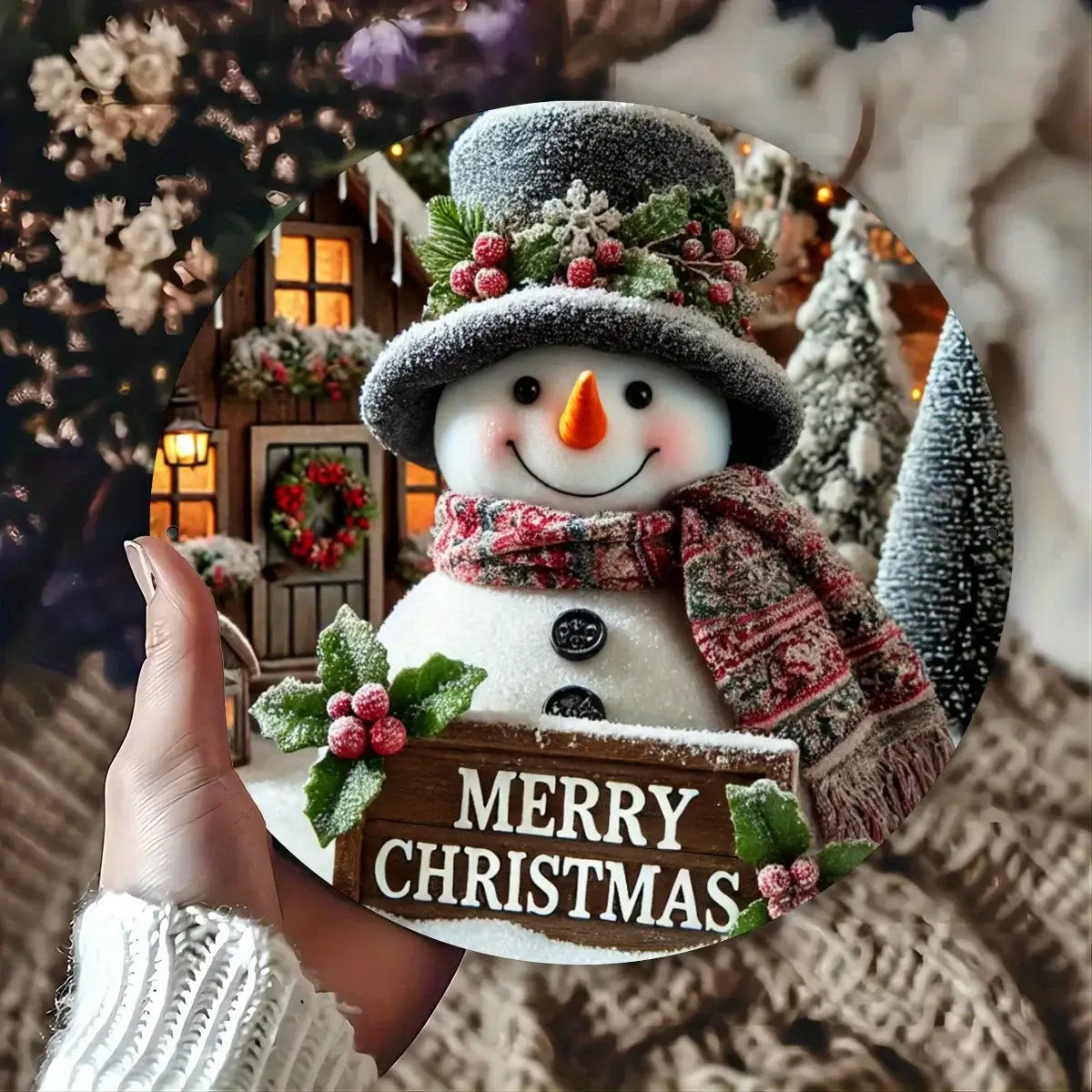 Festive 7.8" Round Metal Sign Snowman