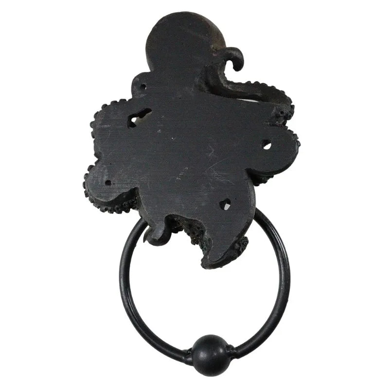 Back view of octopus skull resin door knocker showing mounting holes and black finish, ideal for gothic-style door hardware installation.