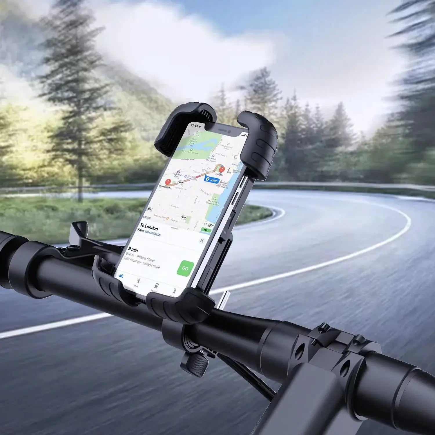 360° View Phone Holder - Motorcycle Bicycle Compatible mounted on a bicycle handlebar, displaying GPS navigation on a smartphone.