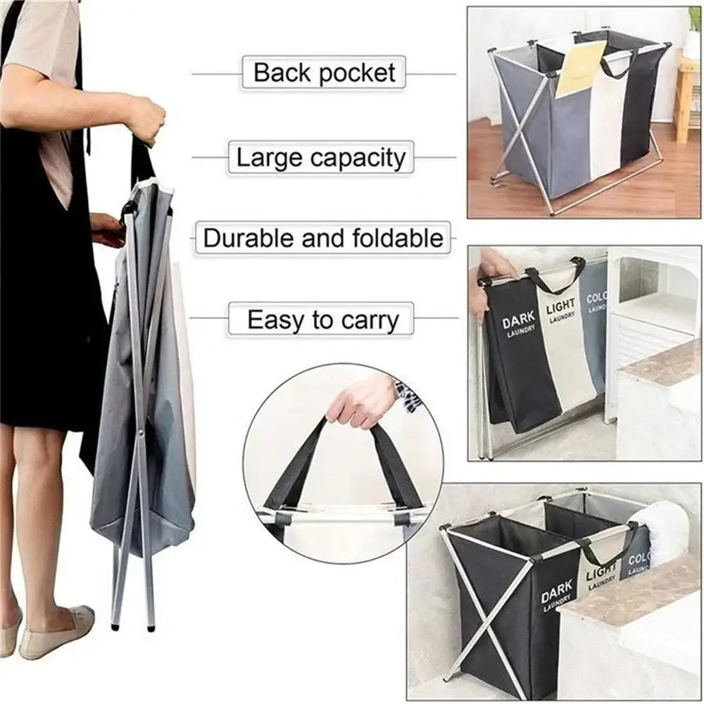 Foldable 3 Grids Laundry Basket Organizer with handles and durable frame. Features back pocket and easy-carry design for laundry sorting.