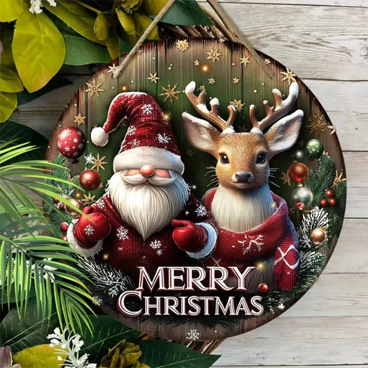 2D Circular Wooden Merry Christmas Sign - Art Decor | 20cm featuring Santa and reindeer design, ideal for festive home or door decoration.