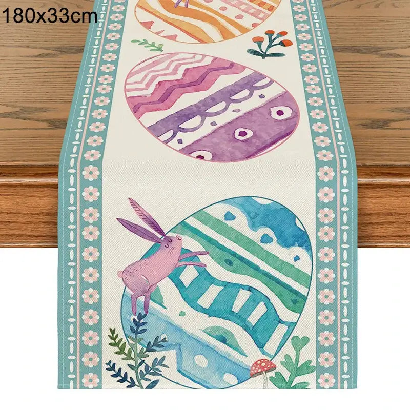 Easter Bunny Table Runner with large pastel eggs and whimsical bunny illustrations. 180x33cm linen runner for festive spring decor.