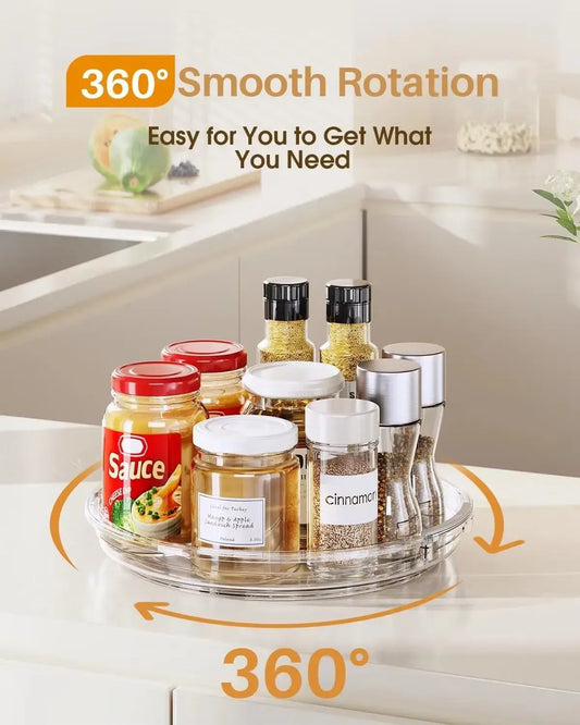 360 Rotating Cabinet Organizer with non-slip base holding spice jars and condiments on a kitchen counter. Ideal for easy access and space saving.