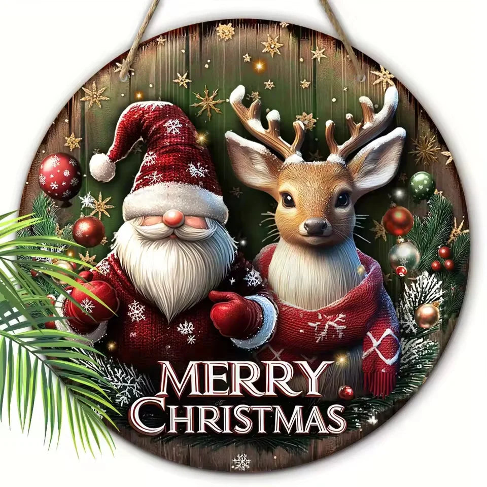 2D Circular Wooden Merry Christmas Sign - Art Decor | 20cm with Santa and reindeer, perfect for hanging on doors or walls this festive season.