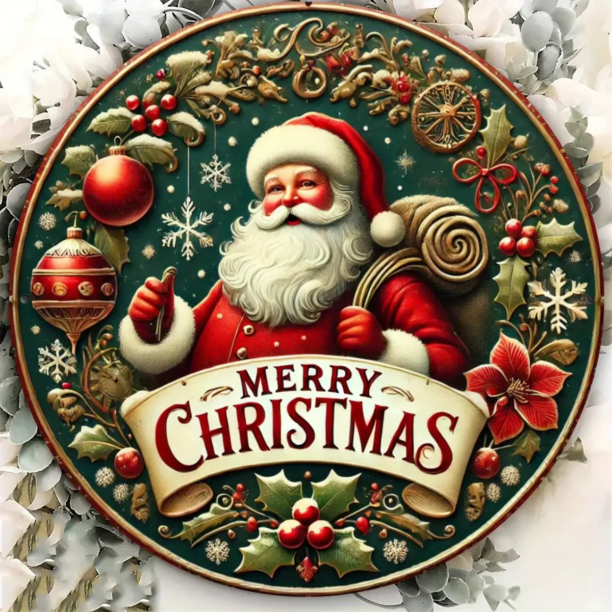 Santa Claus Christmas Metal Sign, Round 2D Plaque