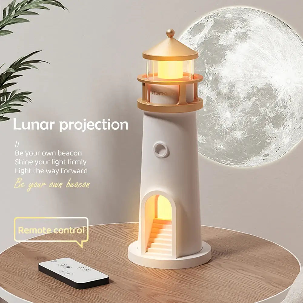 Bluetooth Lighthouse Ambient Light projecting a realistic moon image with remote control, ideal for home decor and night lighting.