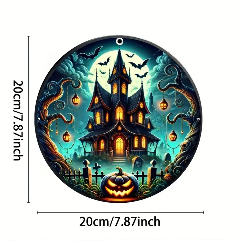 Round 20cm Halloween haunted house metal sign featuring eerie lighting and pumpkins, ideal for festive wall decor in any room.