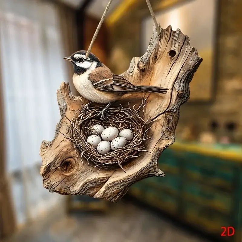 Vintage Wooden Bird Signage - Decor 8in showing a bird with eggs in a nest on natural wood. Adds a cozy, handmade touch to home decor.