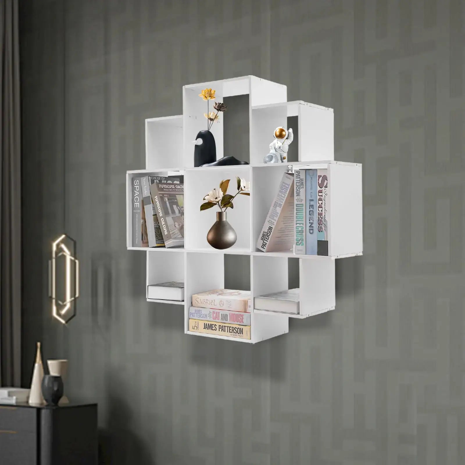 Wall Mounted Bookshelf - Modern 3-Tier Floating shelf on a patterned wall, featuring books and decorative items in a stylish layout.