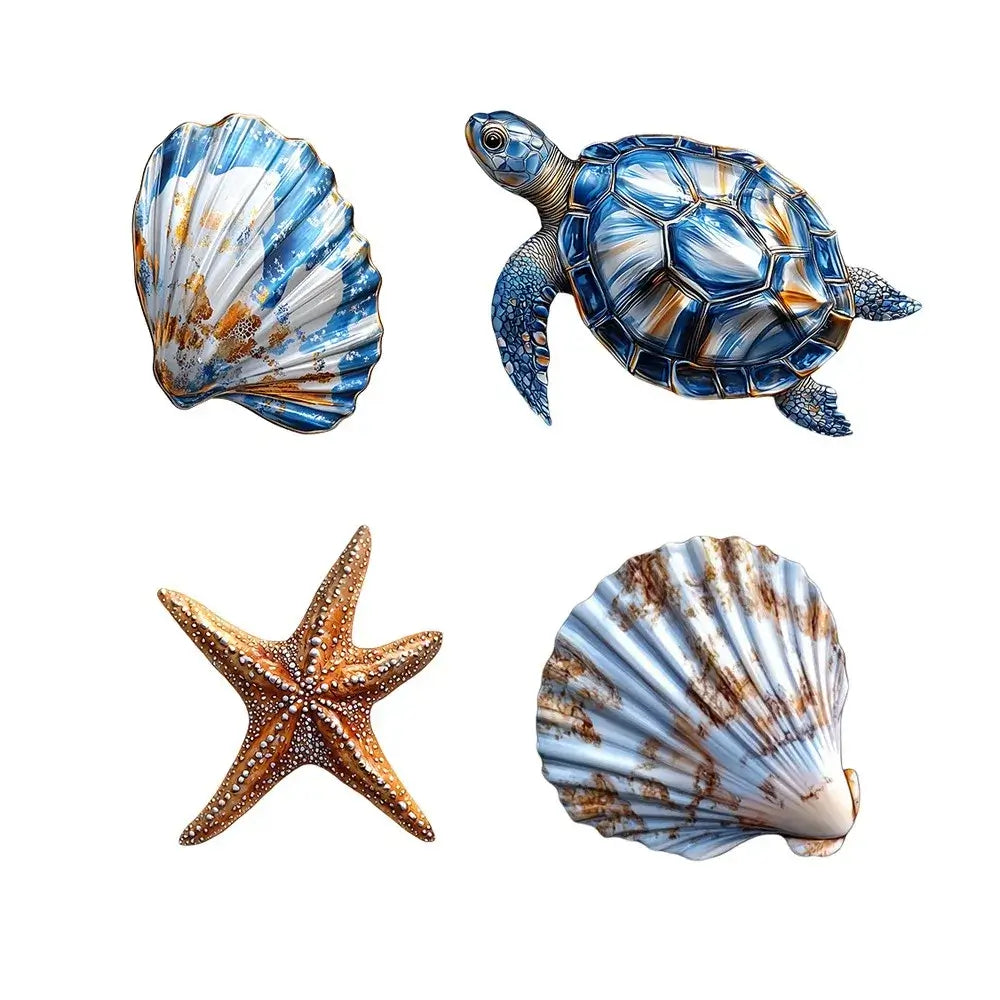 Set of four wooden ocean decorations including a turtle, starfish, and two seashells in blue and brown hues. Great for beach house walls.