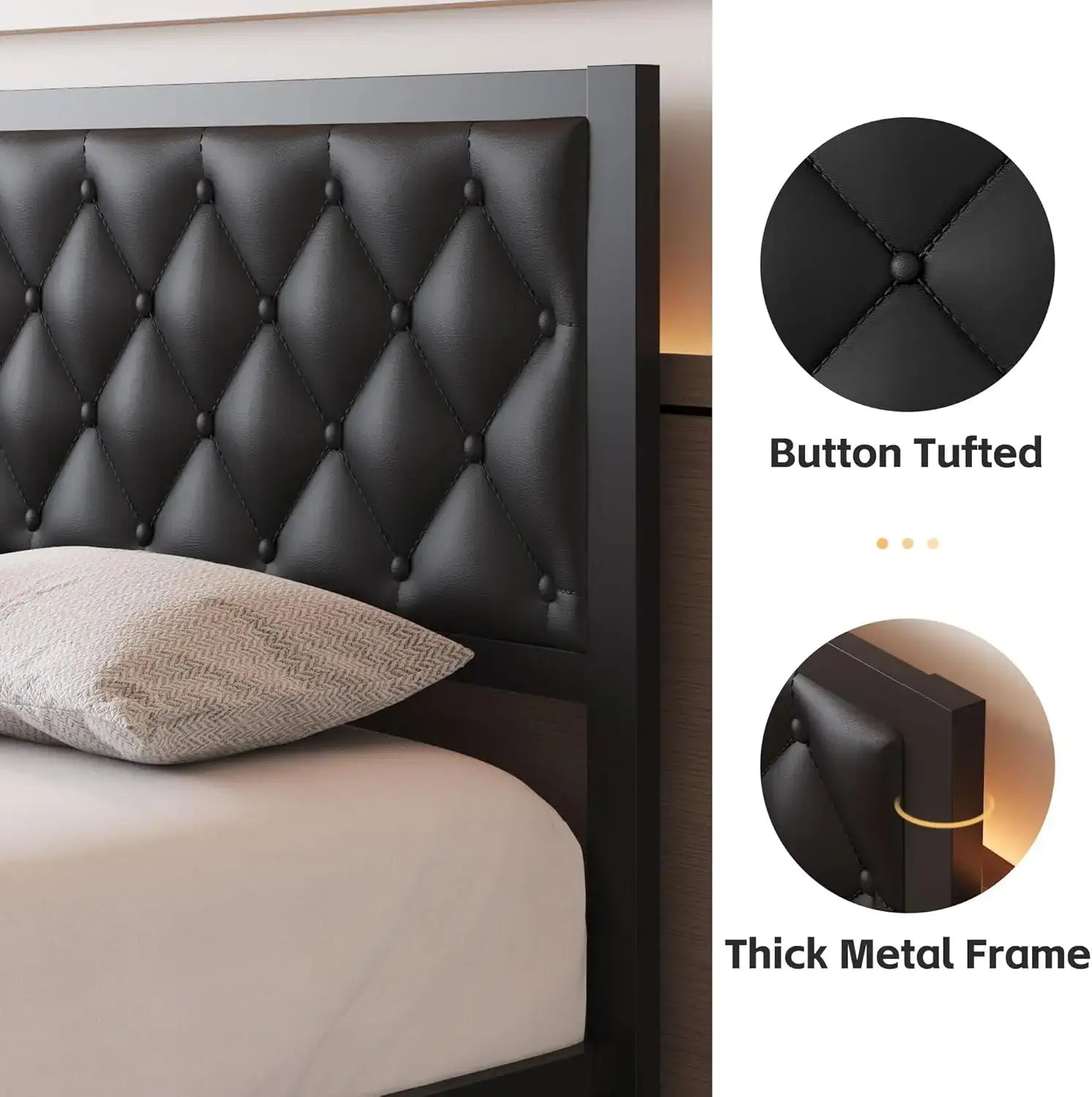 Close-up of Queen Bed Frame with button-tufted PU leather headboard and thick metal frame, highlighting premium build quality.